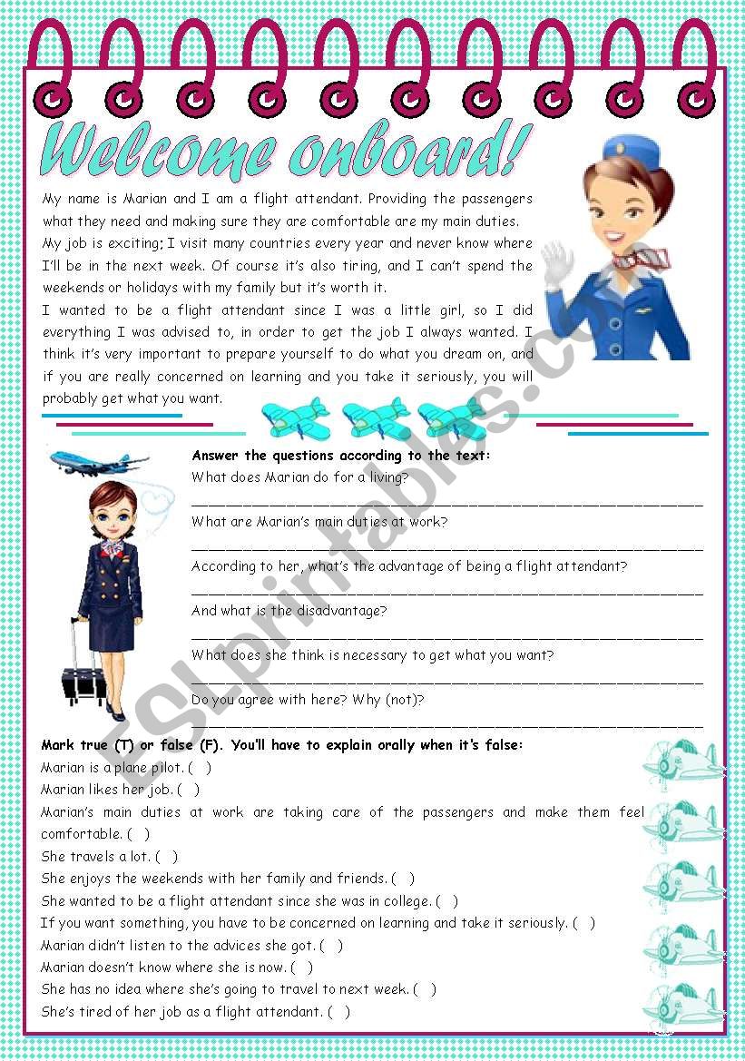 Welcome onboard!  reading comprehension + grammar (the use of the infinitive) [5 tasks] KEYS INCLUDED ((3 pages)) ***editable
